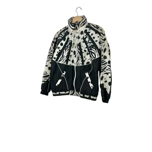Vintage 90s EVR Windbreaker Jacket Animal Print Colorblock Zebra Spots Womens PL - Picture 2 of 12